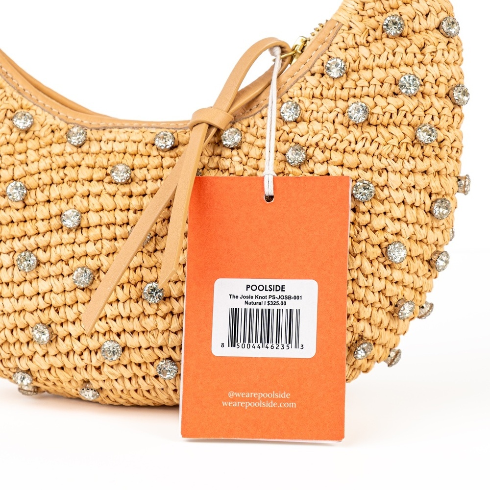 NWT Poolside Josie Bling Raffia Top-Handle Knotted Bag Crystals Natural - Picture 7 of 8